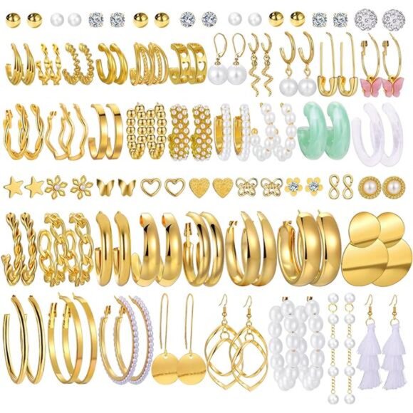 42 Pairs Gold Hoop Earrings Set for Women, Fashion Chunky Pearl Earrings - Picture 1 of 6
